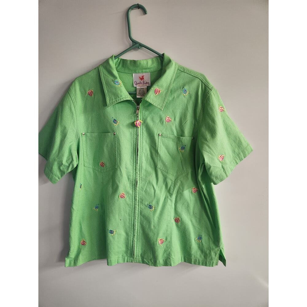 Quaker Factory Cutie Embroidered Fish Green Short Sleeve Linen Shirt sz Large